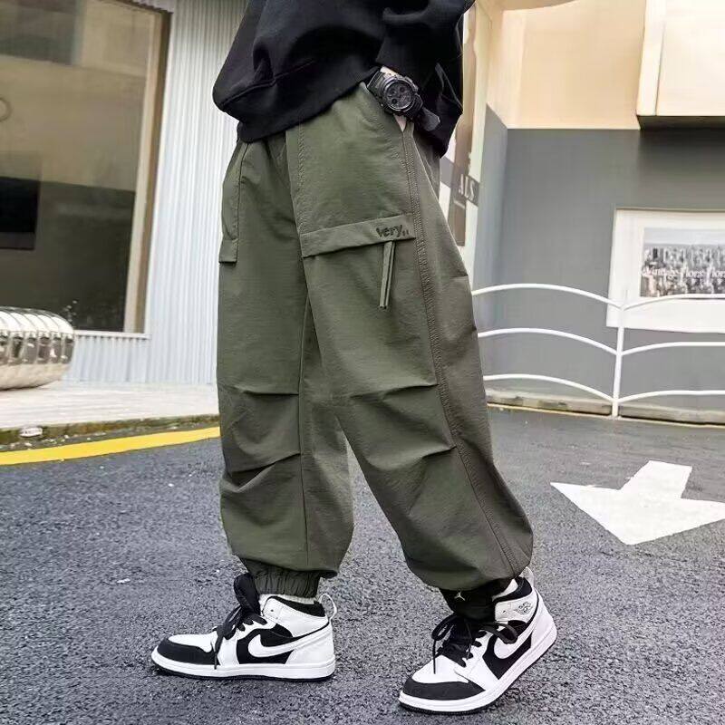 男童工装裤春秋装儿童加绒裤子冬季中大童速干长裤黑色男孩运动裤