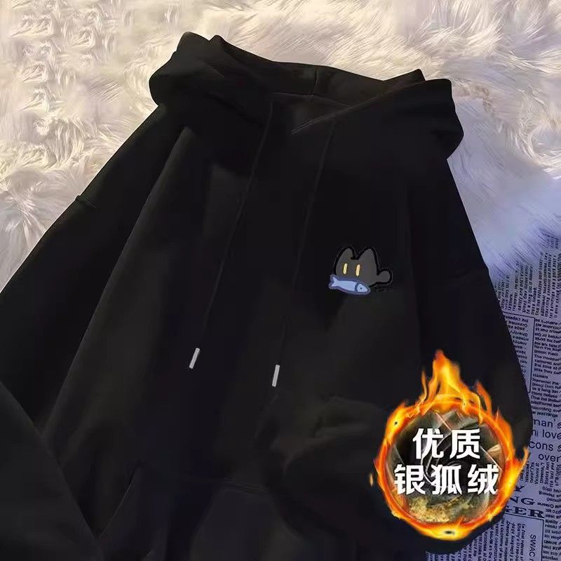 加绒男女童装潮牌美式印花复古秋冬字母灰色连帽卫衣加厚