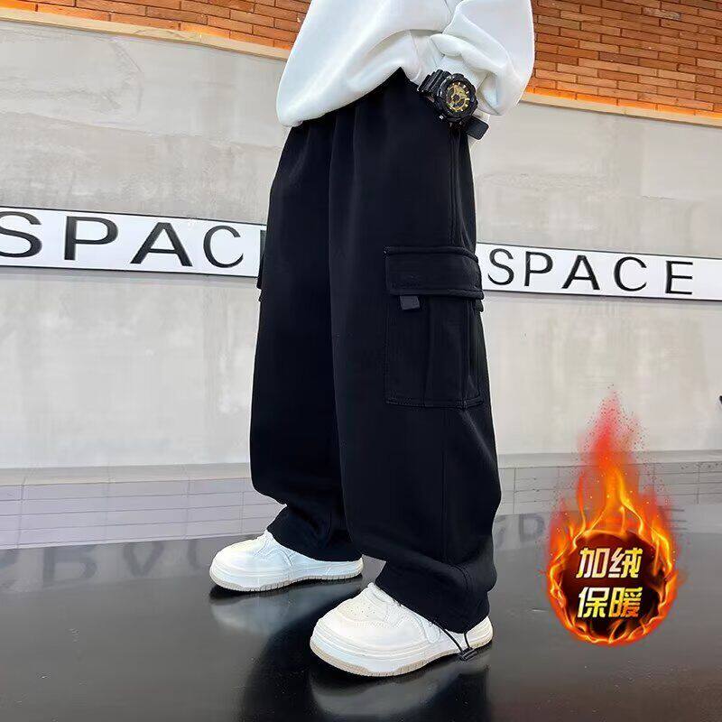 男童加绒裤子一体绒秋冬2025新款工装裤男孩春秋宽松中大童卫裤