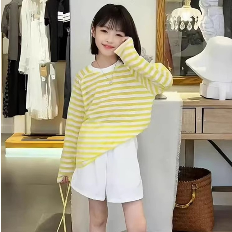 女童撞色条纹长袖T恤套装中大童夏季薄款撞色百搭短裤套头衫夏装