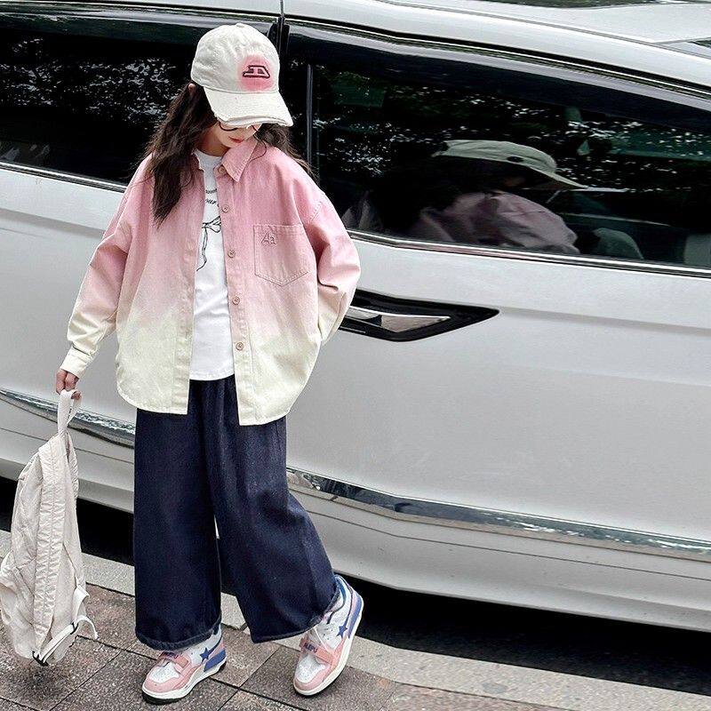 女童粉色衬衫春秋款大儿童装秋季上衣服女孩长袖渐变衬衣薄外套潮