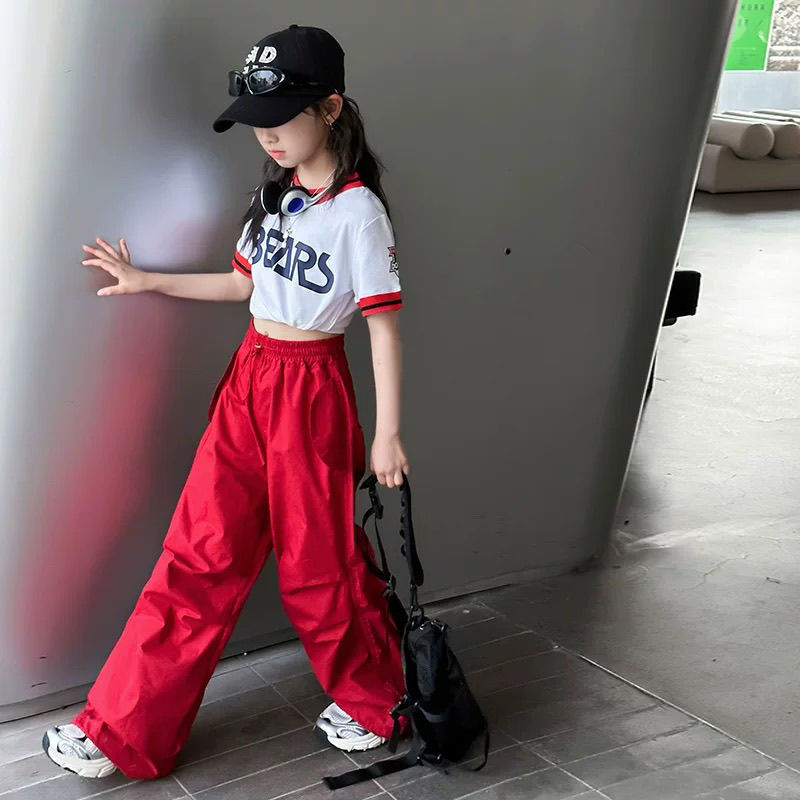 网红女童韩版时髦工装裤套装中大童夏季新款洋气字母短袖两件套潮