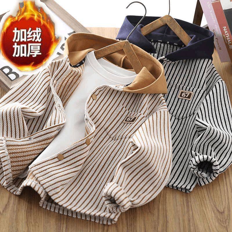 儿童加绒外套男童条纹连帽上衣2025秋冬新款洋气长袖衬衫男孩潮,童装/婴儿装/亲子装,风衣,淘宝优惠券,粉丝福利购,淘宝优惠卷