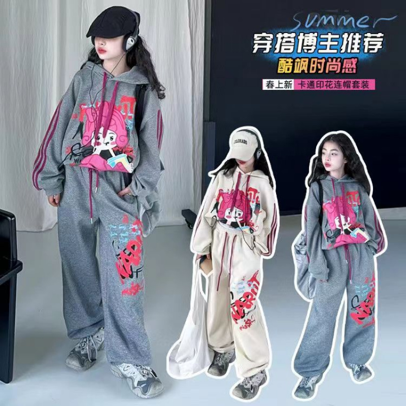 女童宝宝韩版时尚印花套装中大童春秋新款洋气连帽卫衣长裤两件套