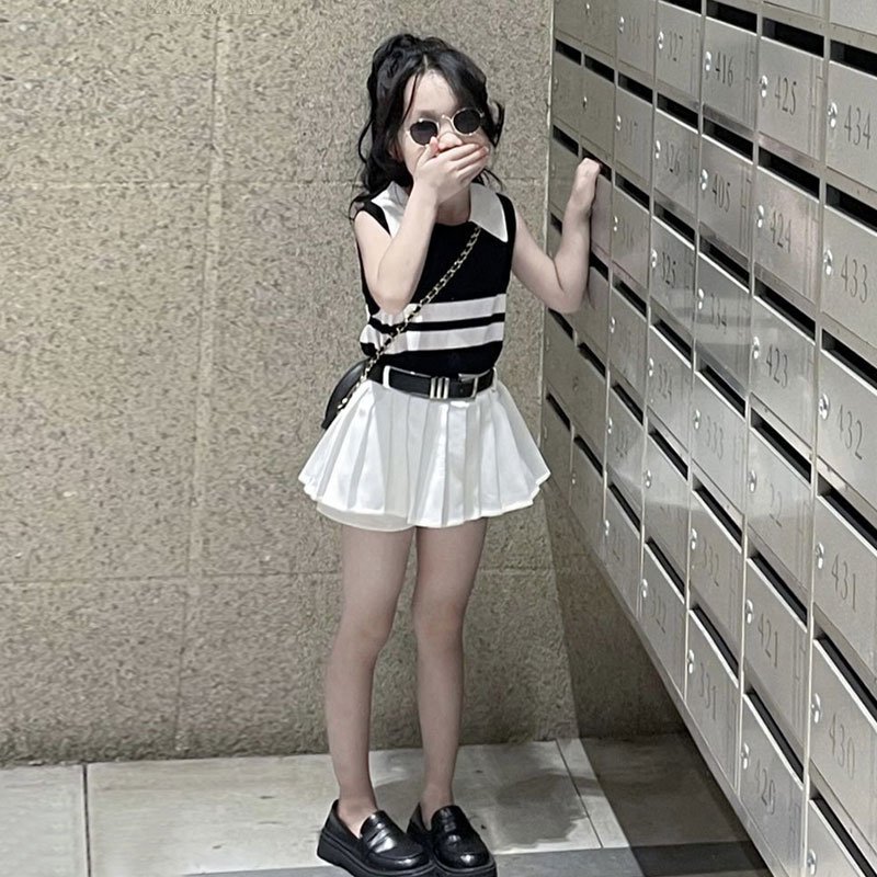 女童夏装百褶裙套装针织背心女宝宝短袖学院风六一儿童节表演服装