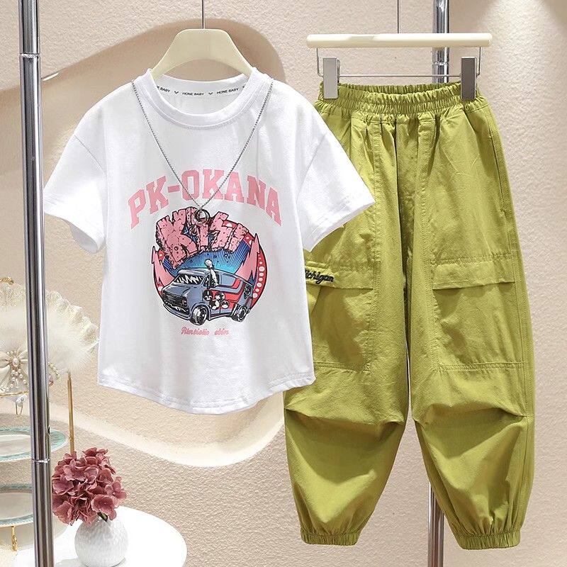 女童装夏装套装时髦短袖休闲工装裤子网红炸街哈伦裤小女孩两件套