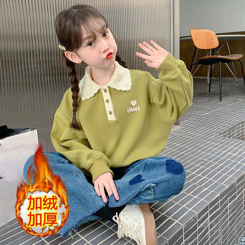 女童卫衣加绒款2025新款洋气儿童秋装小女孩冬季宽松POLO领上衣潮