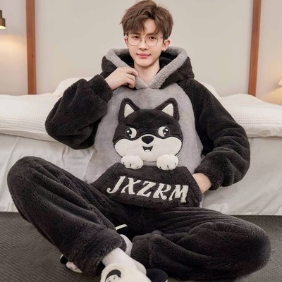 冬季珊瑚绒男士睡衣加厚套装