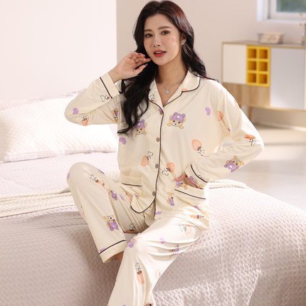 开衫睡衣女春秋季卡通长袖加大码纯棉冬季夏天薄款全棉家居服套装