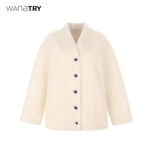wana 白色简约上衣女 try100%绵羊毛V领复合皮毛一体外套25冬新品