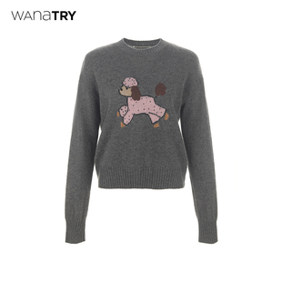 韩系简约百搭上衣女 25冬新品 wana try100%羊毛俏皮卡通小狗针织衫