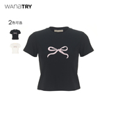显瘦百搭短袖 wana 女 新品 修身 try俏皮刺绣蝴蝶结短款 T恤2025夏季