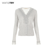 25冬新品 wana try100%山羊绒蕾丝软糯V领针织开衫 灰色温柔上衣女