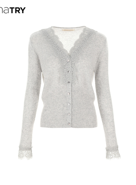 wana try100%山羊绒蕾丝软糯V领针织开衫25冬新品灰色温柔上衣女