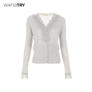 灰色温柔上衣女 25冬新品 wana try100%山羊绒蕾丝软糯V领针织开衫