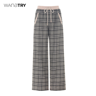 休闲百搭韩系简约长裤 wana 新款 秋季 女 try格纹拼接羊毛保暖直筒裤