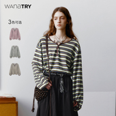 T恤2025早秋新品 wana try条纹拼接小V领设计感长袖 简约休闲上衣女