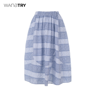 蓝色休闲简约半裙 新品 wana try格纹拼条纹清爽拼接花苞裙2025夏季