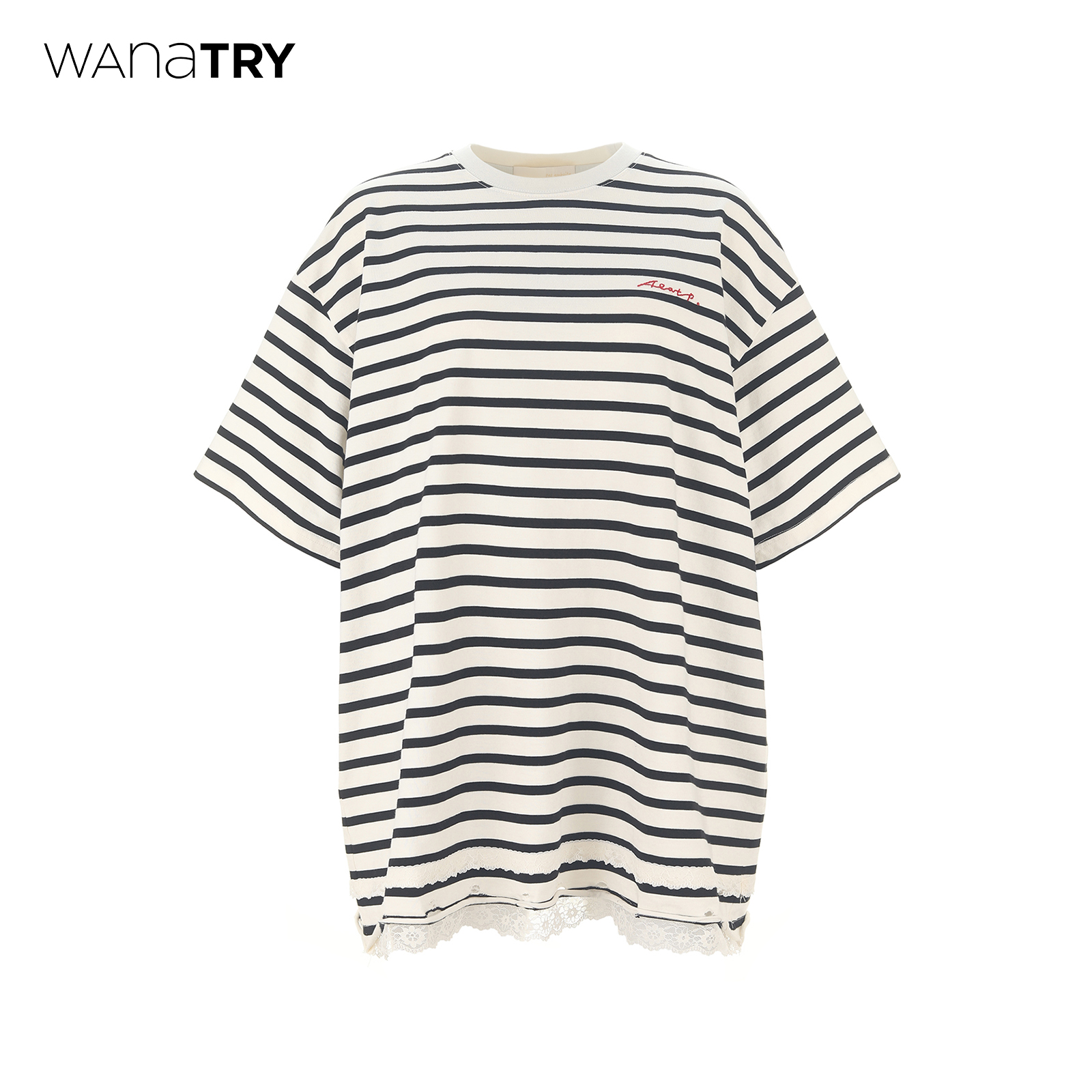 wanatry蕾丝花边廓形条纹T恤女