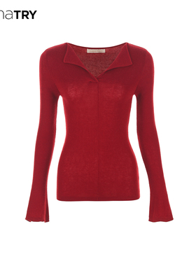 wana try绵羊毛翻领修身显瘦针织衫25冬新品红色百搭简约上衣女