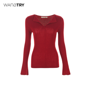 25冬新品 显瘦针织衫 红色百搭简约上衣女 try绵羊毛翻领修身 wana