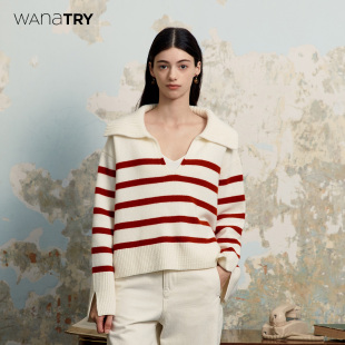 wana 女 try100%绵羊毛复古条纹V领毛衣红色宽松百搭翻领针织衫