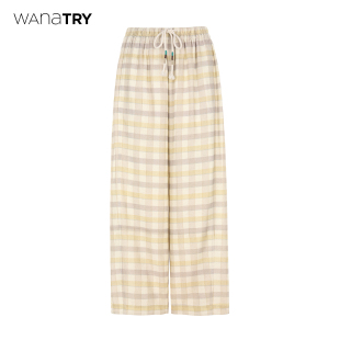 黄色简约长裤 2025早秋新品 女 try格纹松紧腰脚口设计感休闲裤 wana