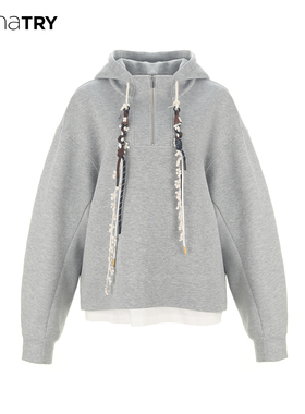 wana try帽绳可拆卸休闲卫衣秋季新品浅灰色编织帽绳宽松连帽上衣