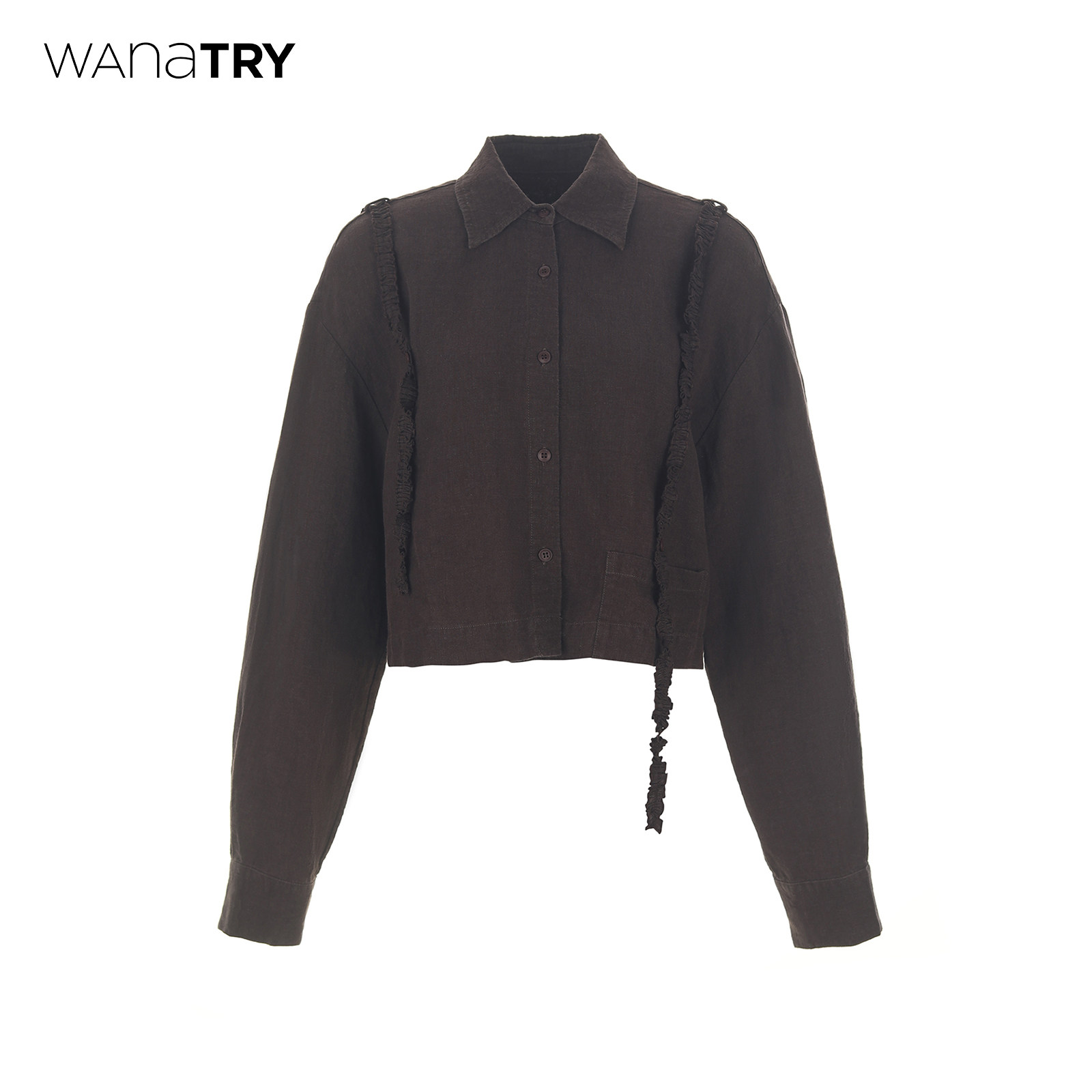 wana try100%亚麻木耳边衬衫2025早秋新品巧克力色气质简约上衣女