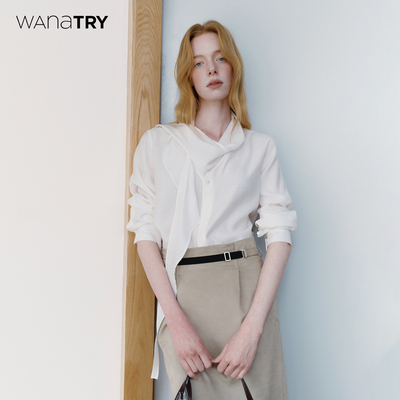 wanatry桑蚕丝醋酸飘带衬衣女