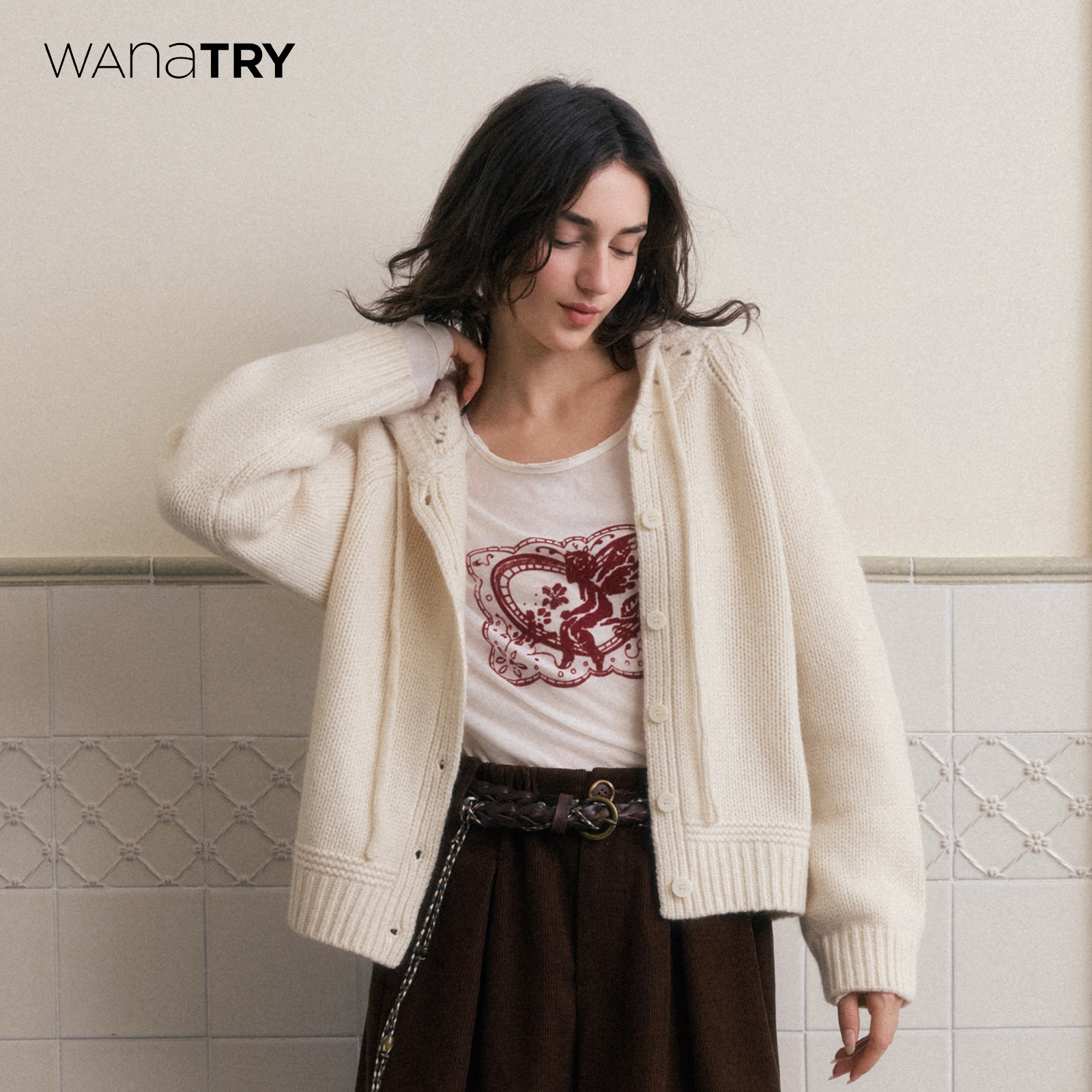 wanatry纯羊毛手工编织连帽开衫