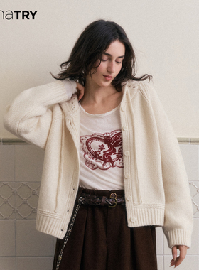 【明星同款】wana try纯羊毛编织连帽开衫25秋冬新品米白韩系上衣