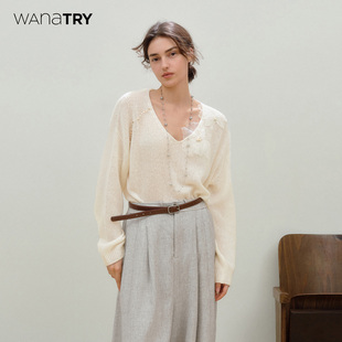 奶白色韩系简约上衣 2025秋冬新品 wana try绵羊毛羊绒含飘带针织衫
