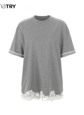 wana try下摆拼接蕾丝花边廓形T恤2025夏季新品灰色百搭休闲短袖