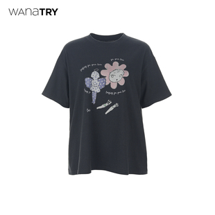 黑色休闲短袖 新品 女 try水洗做旧花朵童趣少女T恤2026春季 wana