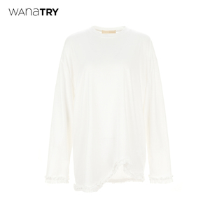 wana try不规则木耳边宽松长袖T恤2025新品韩系简约百搭女款上衣