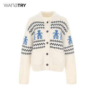 女 翻领学院风针织开衫 wana try100%羊毛费尔岛提花毛衣2025新款