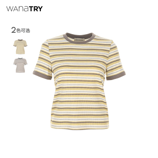 韩系休闲百搭上衣女 新品 wana try拼色条纹显瘦T恤26春季