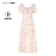 新品 wana try杏底粉花苎麻清新复古连衣裙2025夏季 优雅连衣裙