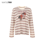 wana 粉咖蓝休闲百搭上衣女 新品 try条纹蝴蝶结小马长袖 T恤26春季