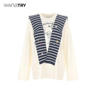 米白百搭T恤女 春秋新品 wana try100%棉趣味狗狗刺绣含披肩长袖