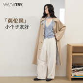 wana 外套女 休闲百搭长款 try立领拼格纹廓形英伦感风衣春季 新品