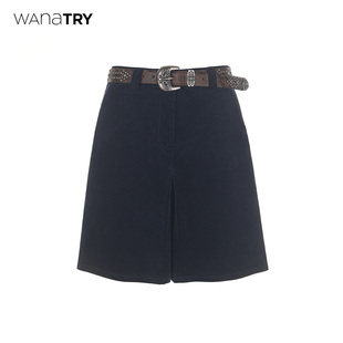 藏青色时髦休闲百搭中裤 2025秋新品 女 try灯芯绒含腰带五分裤 wana