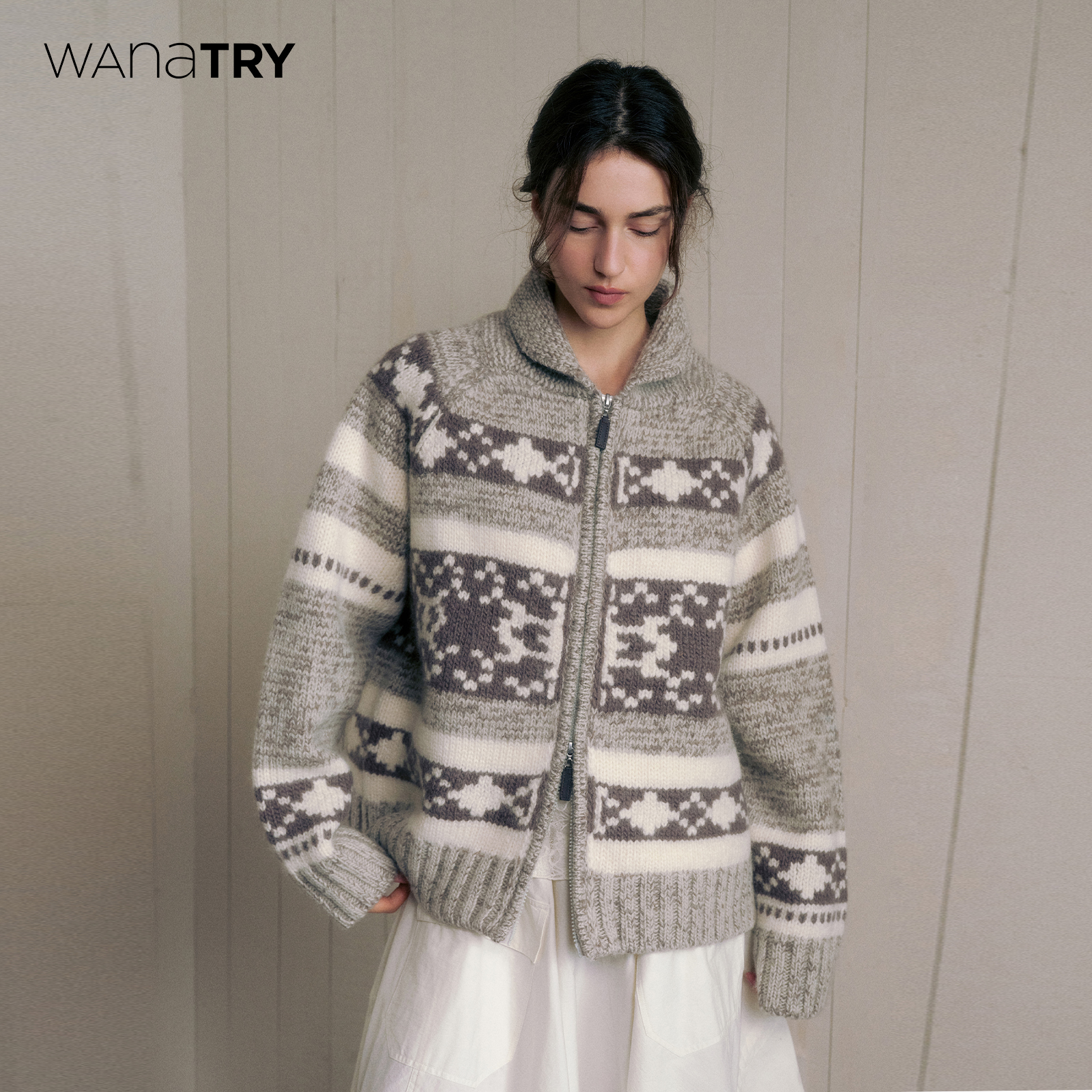 wanatry复古羊毛厚实针织开衫女