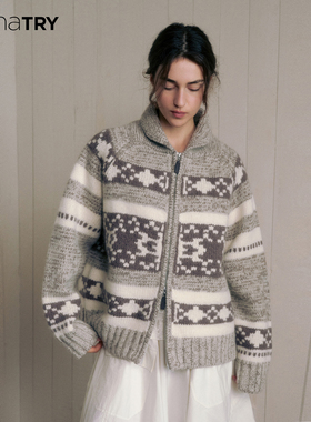 wana try100%绵羊毛复古厚实针织开衫25秋季新品灰咖色休闲外套女