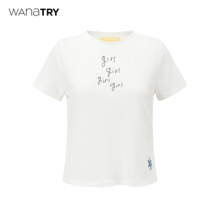 白色简写趣味字母 新款 girl 短袖 女 wana T恤休闲百搭短袖 try夏季