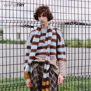 wana 蓝咖色休闲百搭韩系上衣女 try马海毛条纹毛衣2025秋新品