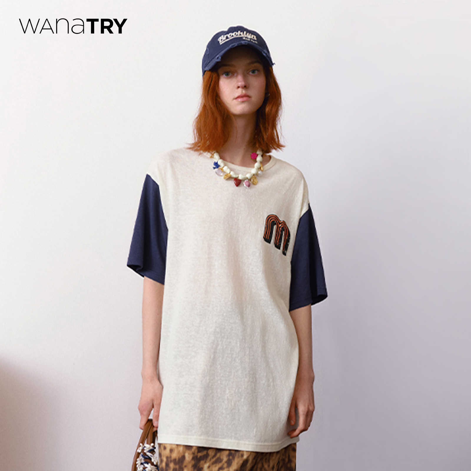 wanatry杏色拼袖后背数字印花恤