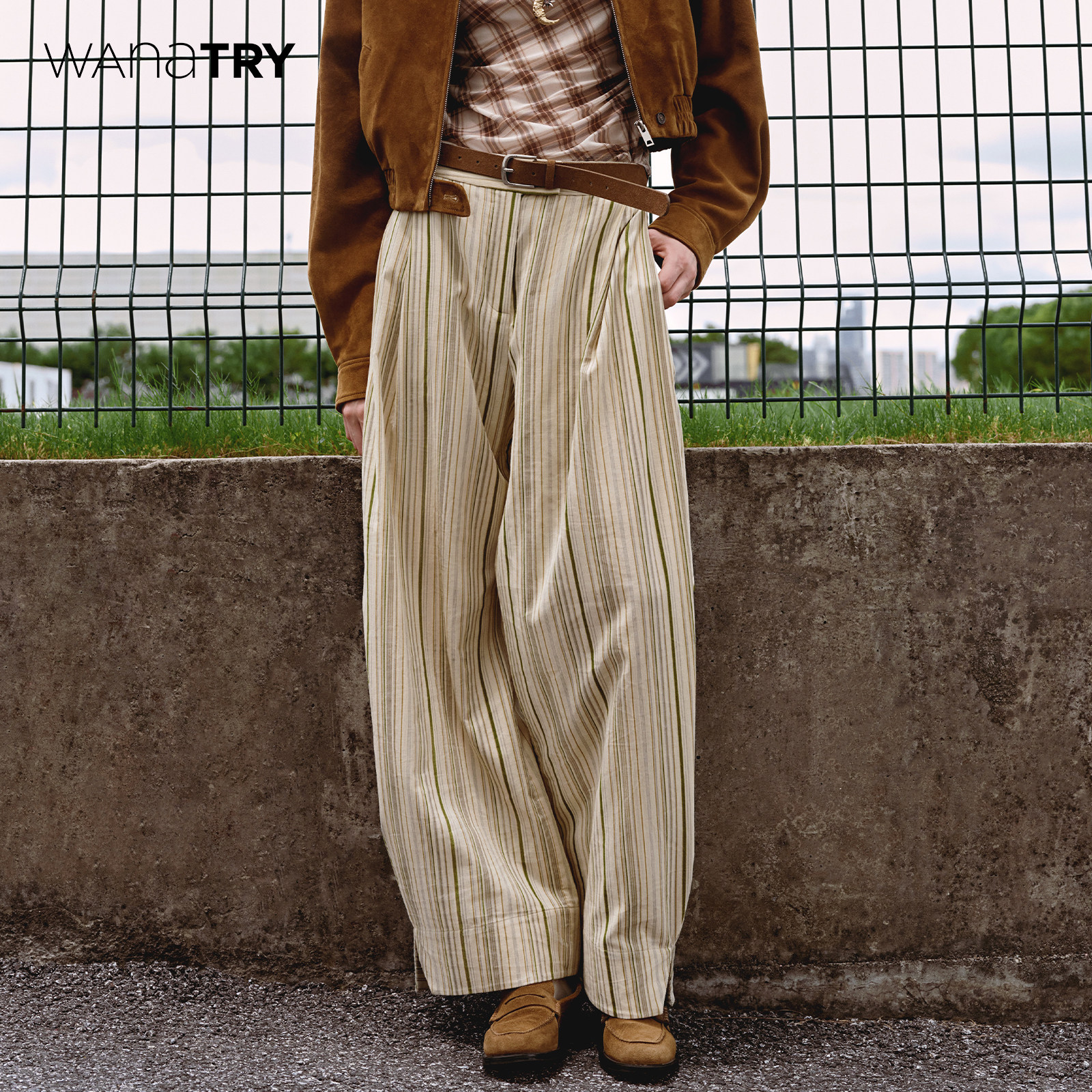wana try纯棉条纹脚口设计感阔腿裤2025早秋新品米白绿气质长裤女,女装/女士精品,休闲裤,淘宝优惠券,粉丝福利购,淘宝优惠卷