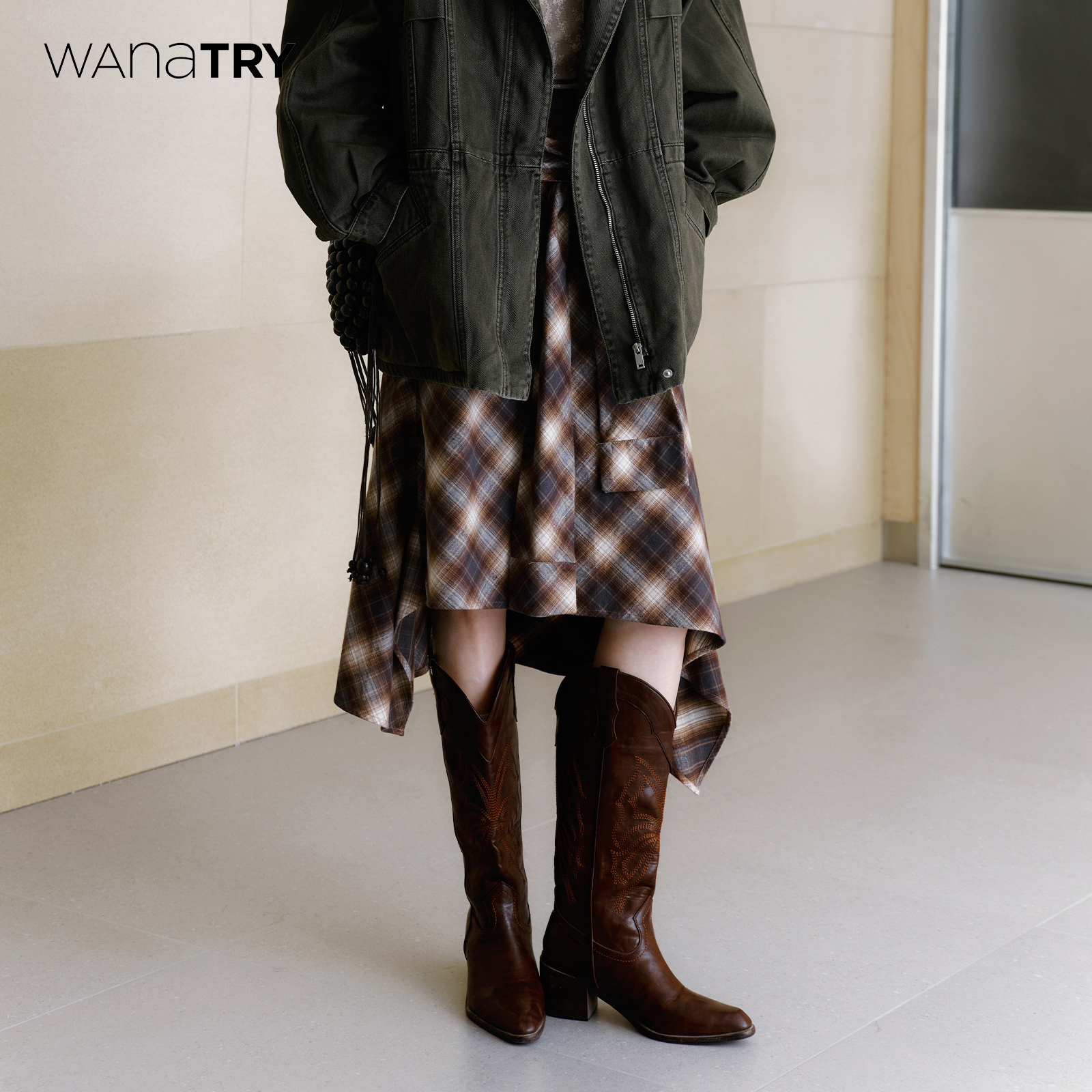 wanatry纯棉格纹不规则磨毛半裙